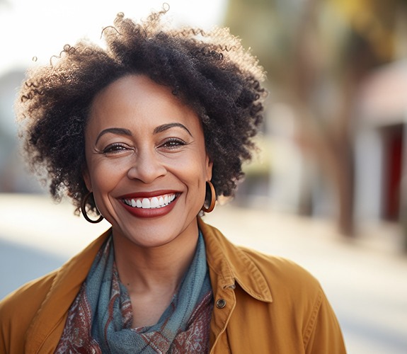 Woman smiling after dental implant post-op instructions in Aurora