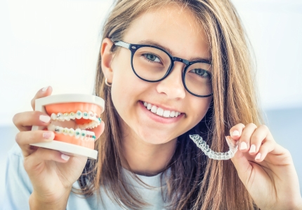 girl smiling holding braces and invisalign